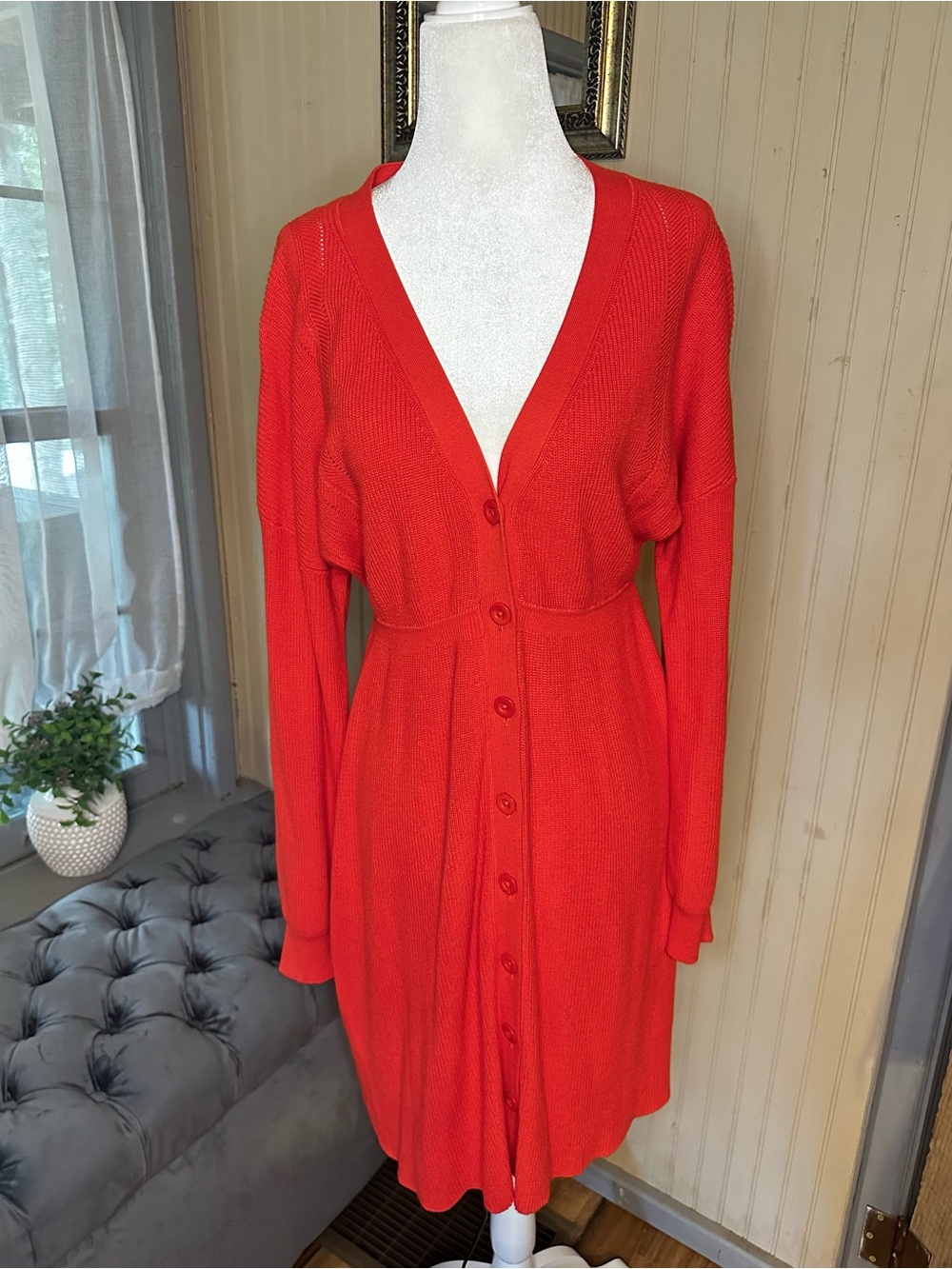 Lovers + Friends Red Knit Cardigan Dress XL NWT Button Front Fit Flare